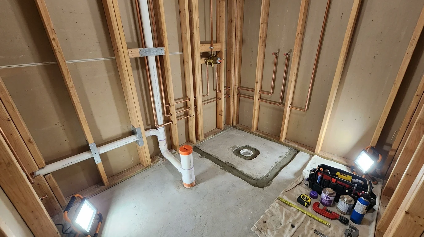 Bathroom rough-in plumbing during remodel by Johns Plumbing LLC in Bath