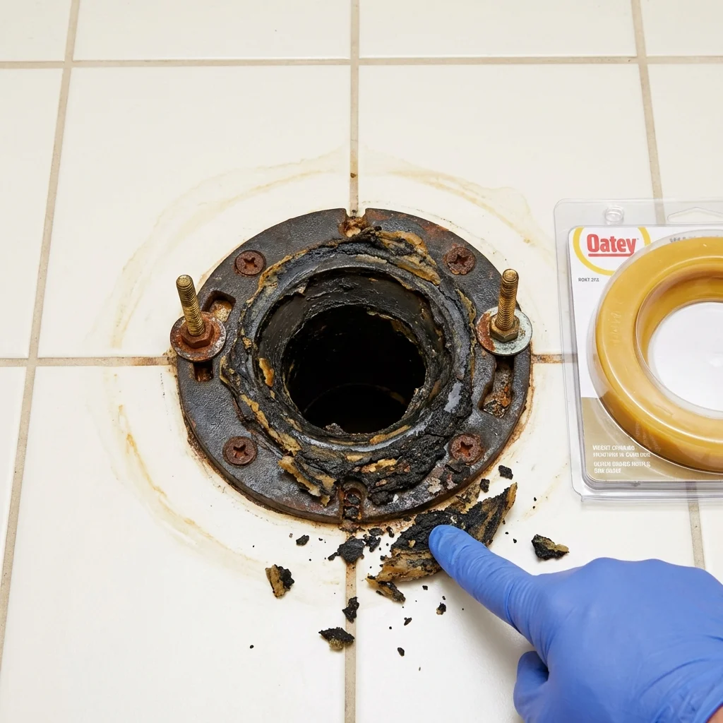 Failed wax ring showing water seepage at the base of a toilet in a Bath, MI home