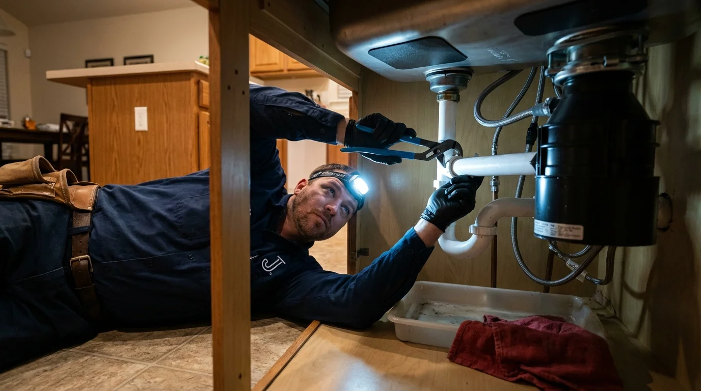 P-trap and supply line connections under a kitchen sink showing a common leak point in Bath, MI
